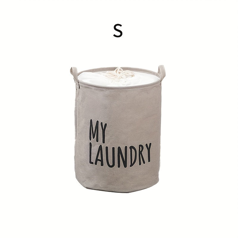 Classic Thick Fabric Laundry Basket with Drawstring Closure - Versatile Cylinder-Shaped, Foldable Dirty Clothes Storage Bin in Navy, White, and Gray featuring "MY LAUNDRY" Print for Stylish Room Decor, Laundry Room Organization, and Storage Solution