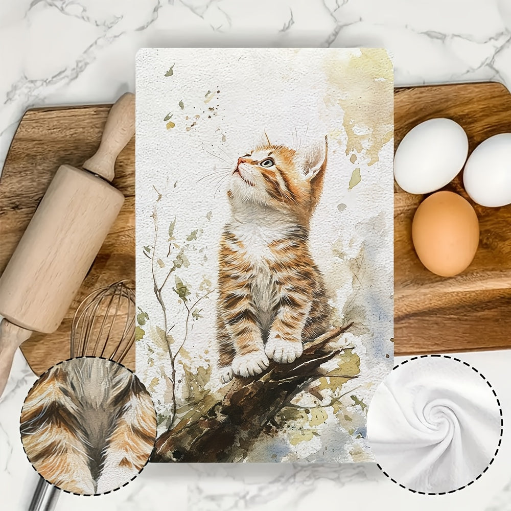 Set of 2 Ultra Soft Kitchen Towels featuring an Endearing Orange Kitten Design. These towels are highly absorbent and quick-drying, perfect for use in the kitchen. They are machine washable and ideal for cooking and baking. Each towel measures