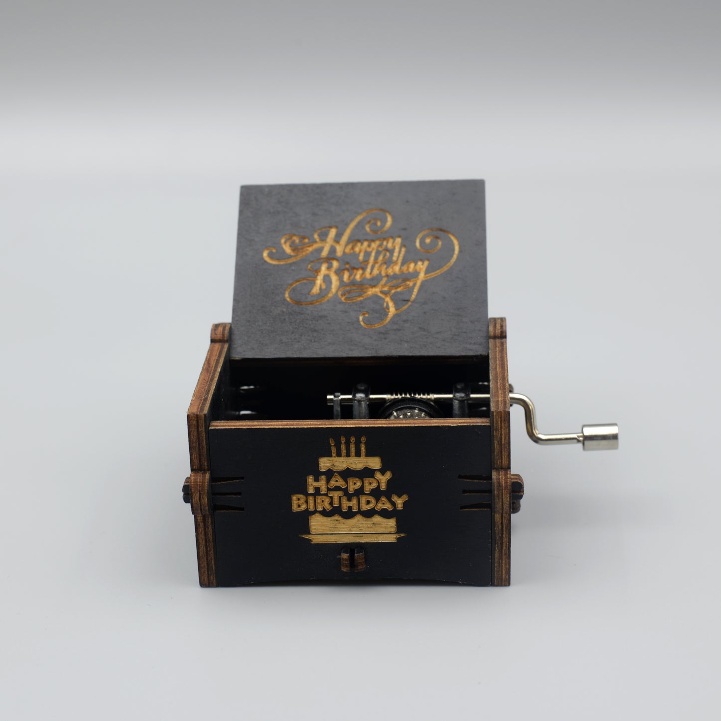 Vintage hand-cranked wooden music box with "Happy Birthday" melody, no electricity required, perfect for birthdays, Valentine's, and Christmas.