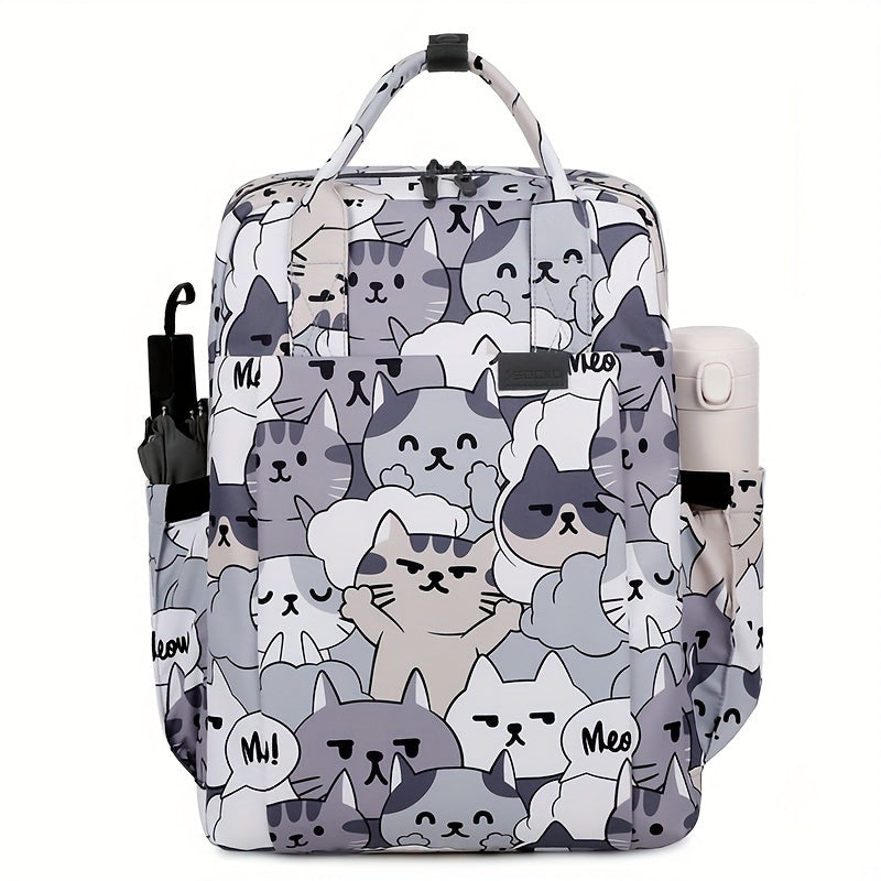 Spacious 39.62cm laptop backpack for men and women, shockproof and water-resistant with pink polyester material. Features practical pockets, cartoon animal design, perfect for high school