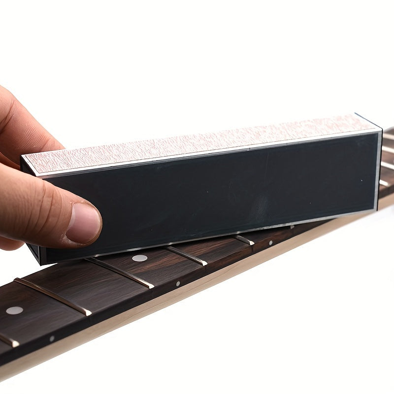 Aluminum alloy guitar fret leveling file with self-adhesive sandpaper - ideal for acoustic, electric, and bass guitars.