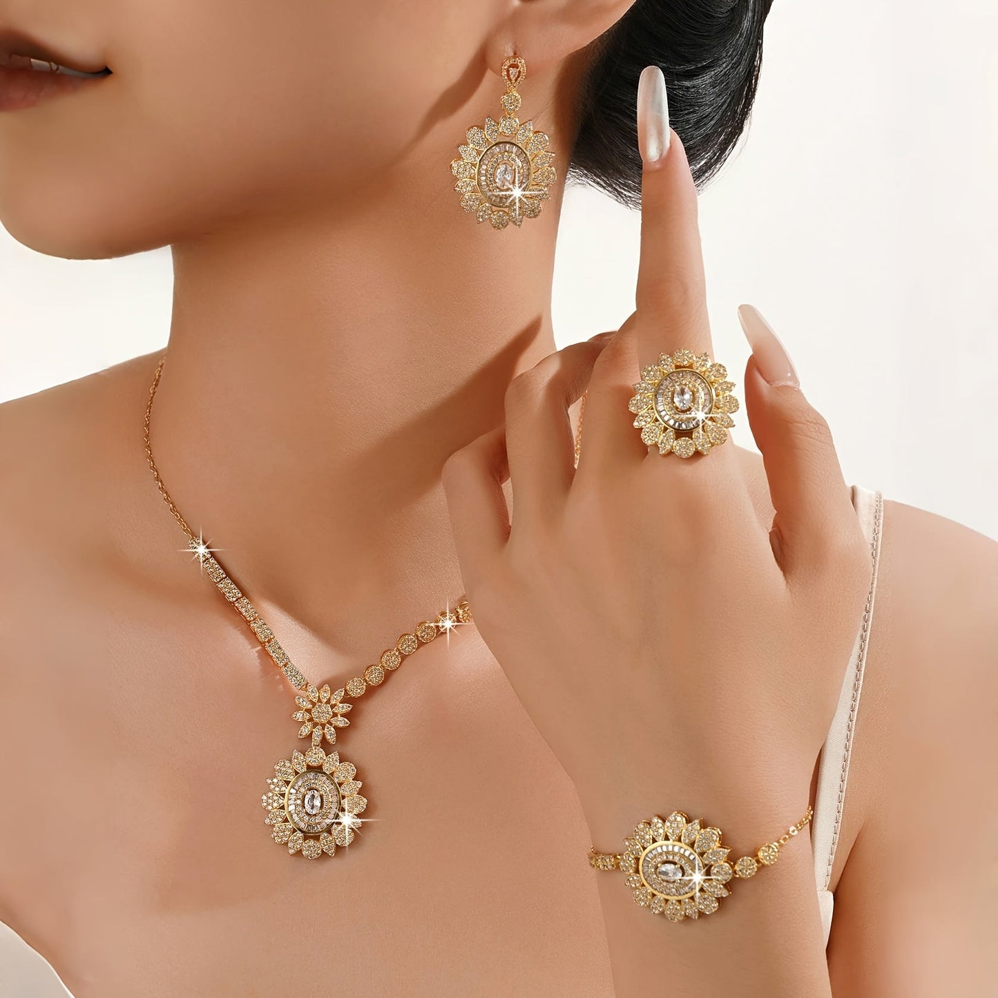 Luxurious Sunflower Design Bridal Jewelry Set, 5 Pieces, Made with 18K Gold-Plated Copper and Natural Zirconia, Synthetic Stones. Perfect for Daily or Wedding Wear, Great Gift for Loved Ones.