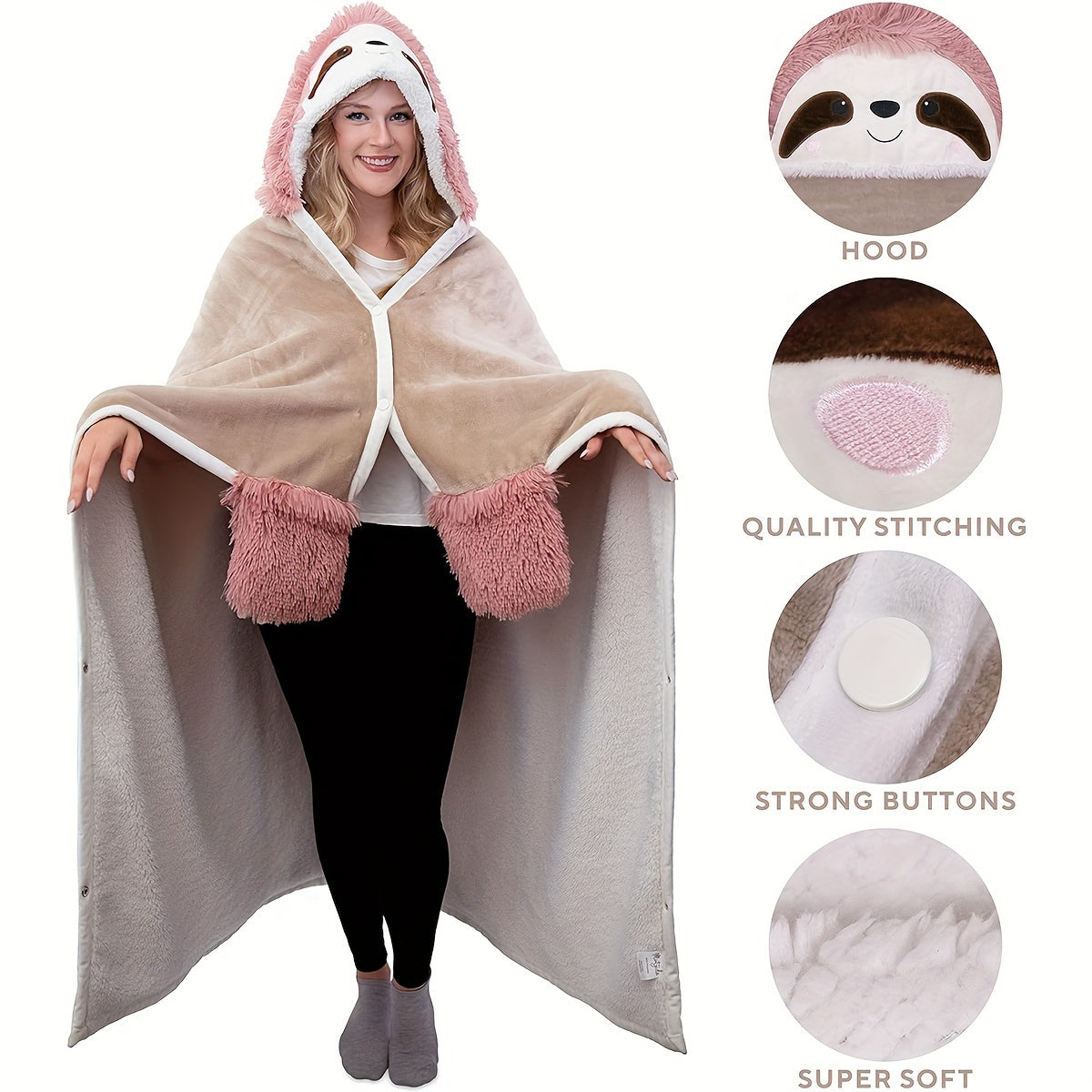 Adorable Sloth Wearable Hooded Adult Blanket - Soft Cozy Plush Flannel & Sherpa Hoodie Throw Cloak Wrap - Perfect Sloth Gift for Women