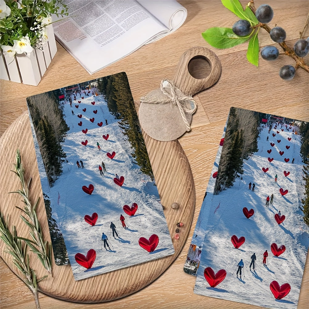 A set of two ultra soft polyester kitchen towels, designed for high absorbency and easy machine washing. These contemporary rectangular dish hand towels feature a coastal theme with a heart flags ski slope design. Each towel measures 40.64x60.96 cm.