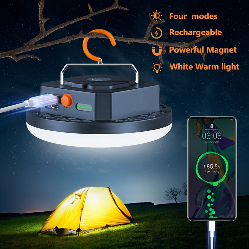 Rechargeable LED camping lantern with magnetic base, 4800mAh lithium battery, 4 lighting modes (including SOS), durable plastic construction, push button control. No accessories included.