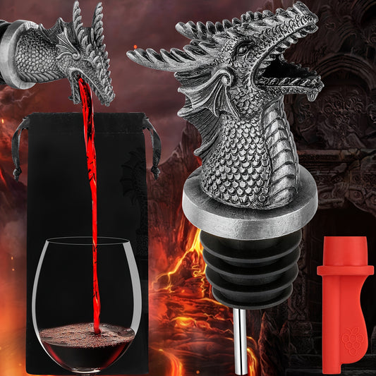 Dragon head wine pourer aerates and stops wine, cocktails, and whiskey, comes with velvet bag, ideal for kitchen or bar.