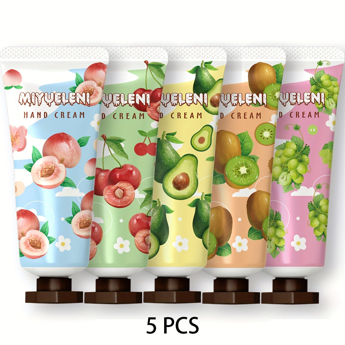 5-piece hand cream gift set with fruit and plant-based moisturizing lotion for all skin types. Alcohol-free, with glycerin and vitamin E infusion, non-greasy daily hand care. Ideal for dry