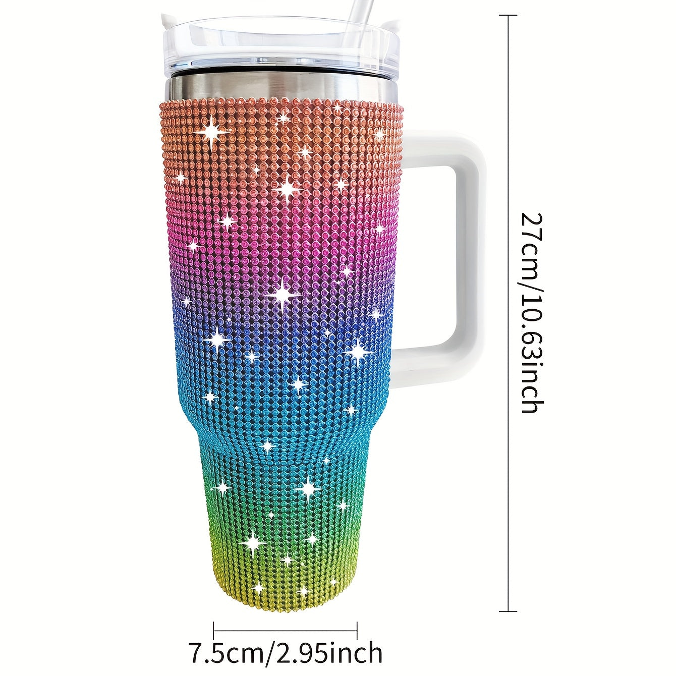 1pc Sparkling Studded Tumbler: Stainless steel, 40oz, insulated with lid and straw. Portable for car, home, office. Great for summer and travel, perfect for birthday gifts.