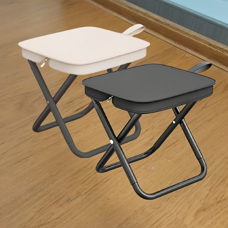 Compact portable folding stool for outdoor activities, easy to set up and adult-sized.