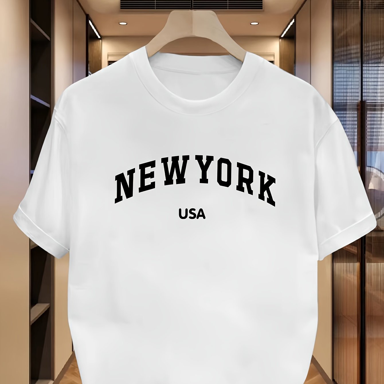 Men's casual crew neck t-shirt with NEW YORK USA print, 95% Polyester 5% Elastane, Slight stretch, Regular fit, Summer wear, 180gsm.