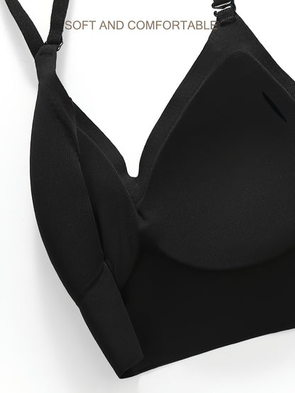 Sexy solid nylon bralette for women with wireless, removable backless push-up cups, seamless and breathable design, high support without steel bands in adult size. Made from knit fabric.