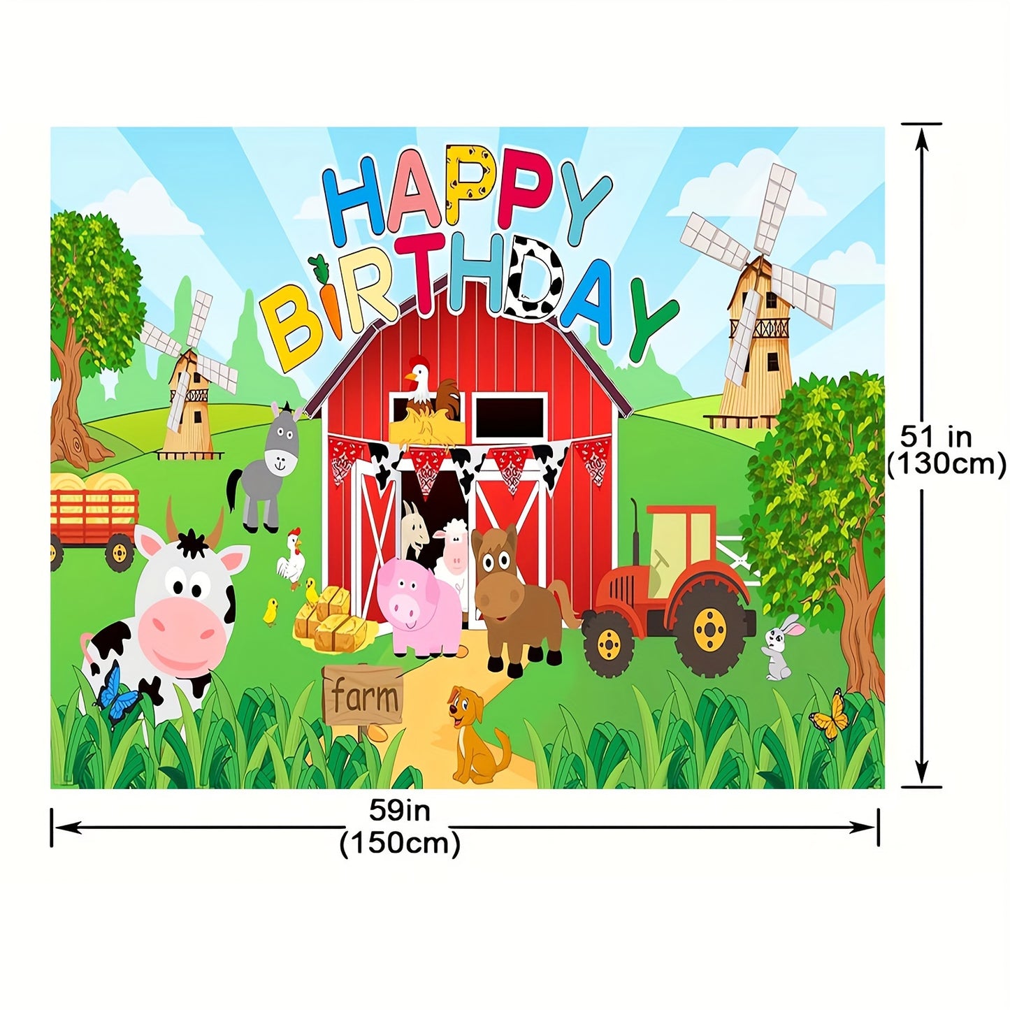 Large farm animal birthday party backdrop for kids' celebrations, 129.54x149.86cm (70.8x90.5") polyester photo background