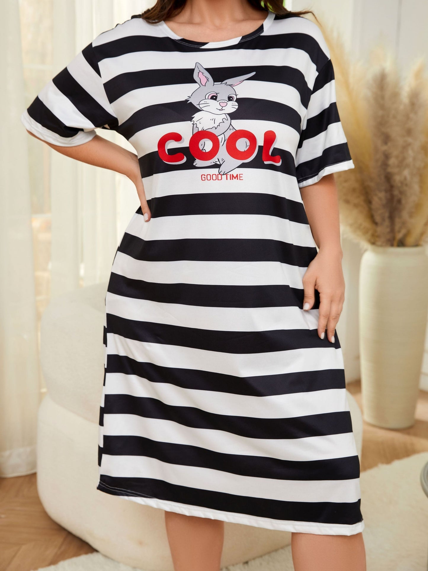 Plus size casual sleep dress with cartoon bunny and striped short sleeve tee nightdress for women.