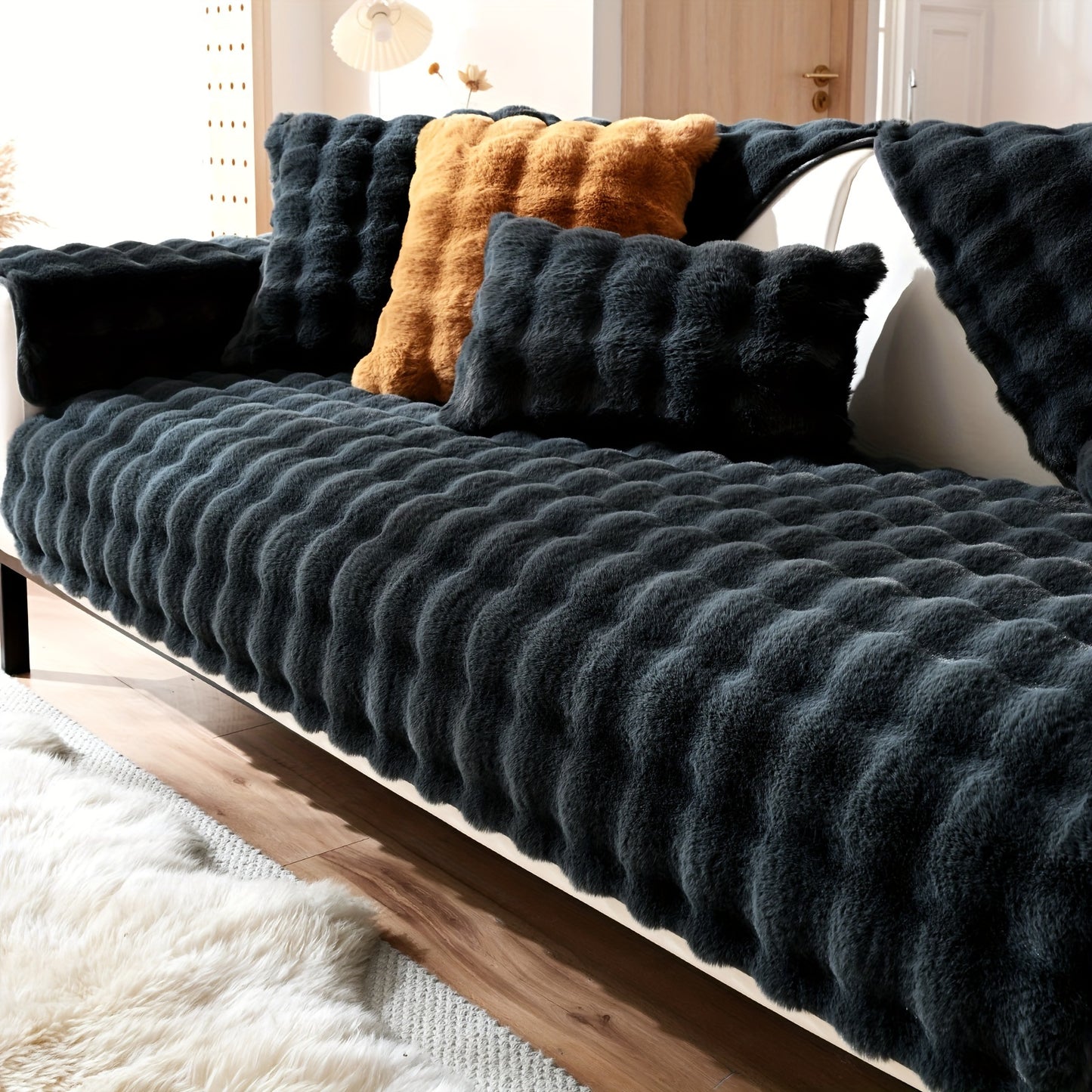 New Bubble Fleece Sofa Cover available in 8 colors with modern design, pet-friendly, and machine washable. Suitable for 2, 3, 4, and combination sofas, with 450-500g fabric weight and long pile fleece. No print, with other craftsmanship included.