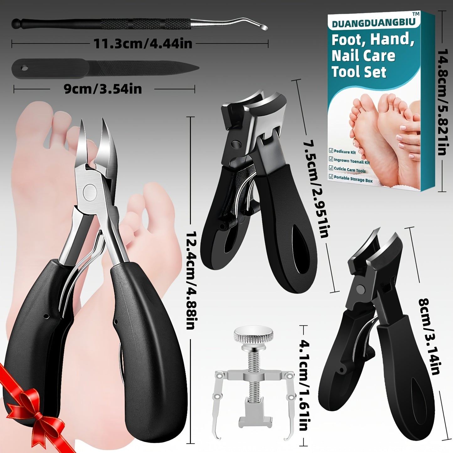 6pcs DUANGDUANGBIU Ingrown Toenail Care Kit with wide jaw and large angled clippers for thick nails, includes nail file and pedicure tools with ergonomic handles. Ideal for men and women's