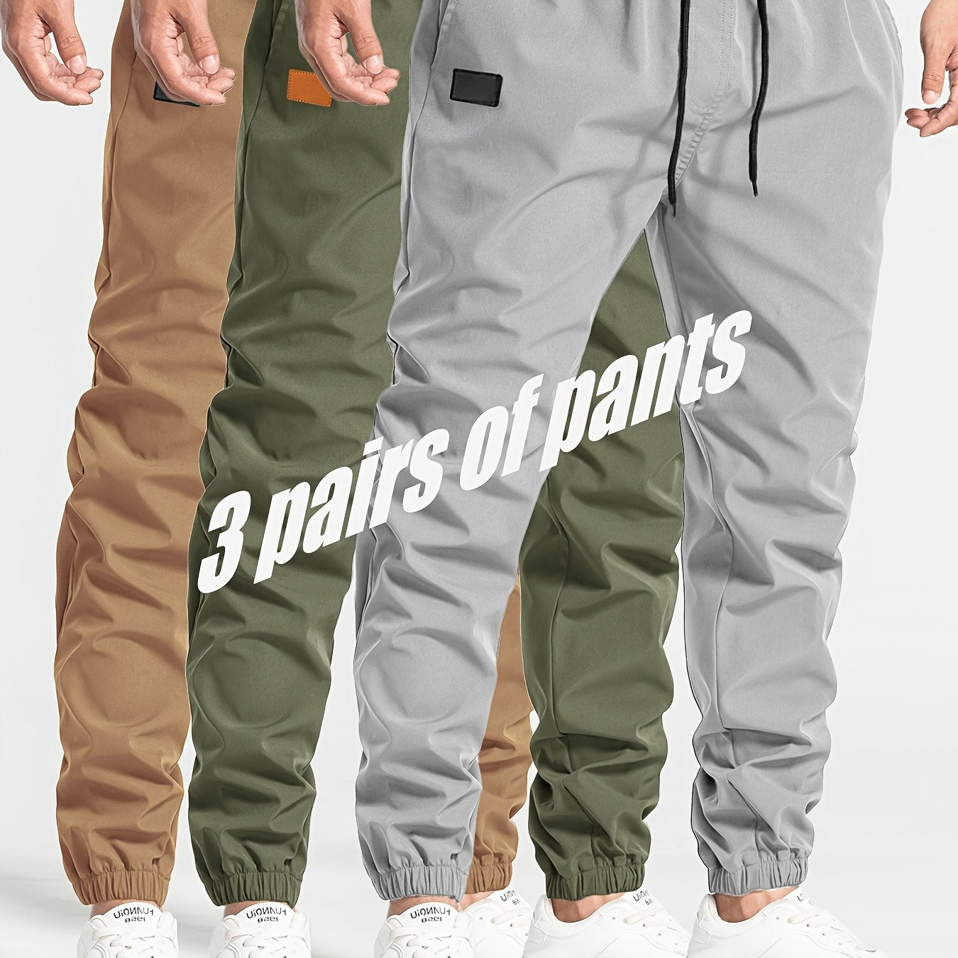 Three-pack of men's loose casual pants in 100% polyester solid color, featuring multi-pocket waist drawstring and non-stretch woven fabric, part of the Spring Collection, 180g/m².