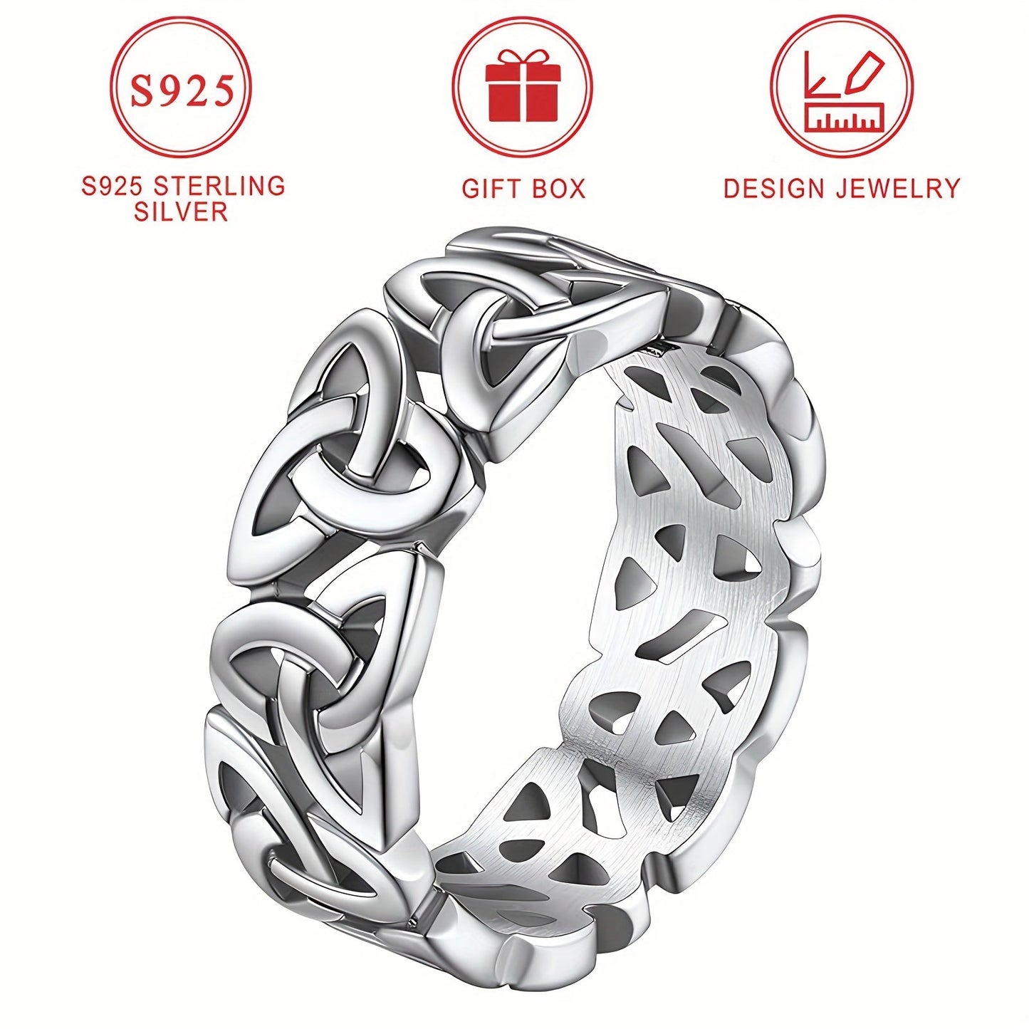 The Trinity Knot Hollow Ring in 925 Sterling Silver offers an elegant Celtic-inspired design. This fashionable and alluring piece of jewelry is the perfect gift for women and siblings, and comes beautifully presented in a gift box.