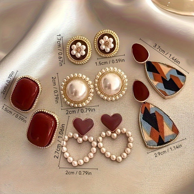 Set of 5 vintage luxury earrings, featuring zinc alloy statement studs and heart-shaped drop earrings with silver ear needles. Elegant jewelry perfect for gifts and special occasions like banquets.