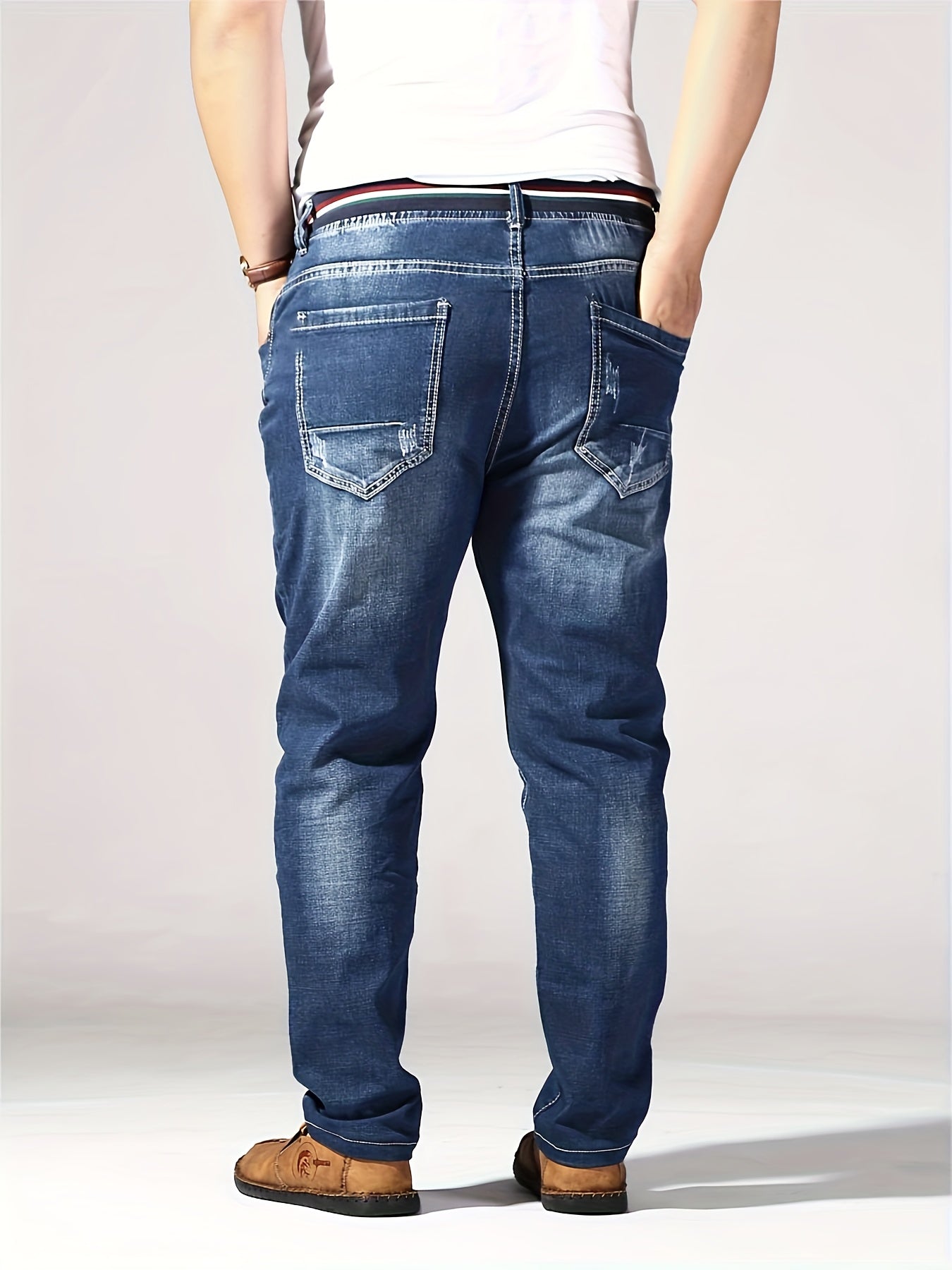 Plus Size Men's Slim Fit Jeans with Stretch Cotton Blend, Ribbed Waistband, Belt Detail, All-Season Denim