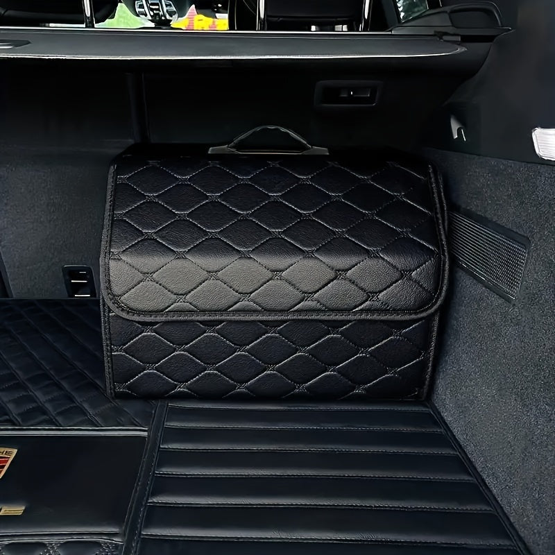 Black quilted PU leather car trunk organizer for SUV & Sedan trunks, providing durable and stylish interior storage.