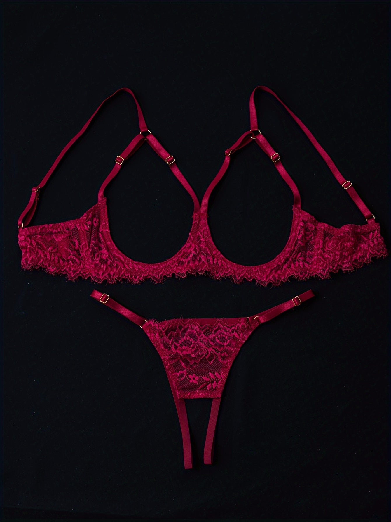 Red lace lingerie set with hollowed out model cup design