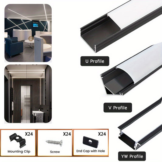 12-Pack of 50cm LED channel systems with cover for 10mm and 12mm strip lights. Includes installation hardware. Can be mounted on ceilings or under cabinets. Plastic diffuser included - no electricity needed.