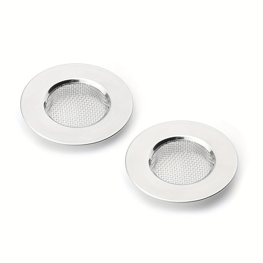 Two stainless steel sink drain filters for preventing clogs and catching hair in the bathroom. These multifunctional filters are essential tools for the home.