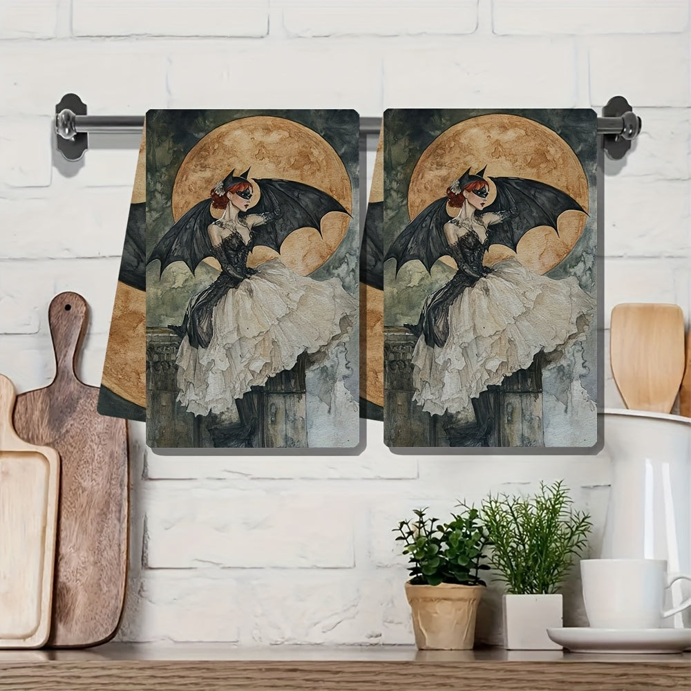 Two pieces of kitchen towels inspired by Albert Joseph Penot featuring a Bat Woman design. These ultra soft and highly absorbent polyester dish hand towels measure 40.64x60.96 cm and boast a gothic elegance design. They are machine washable and perfect