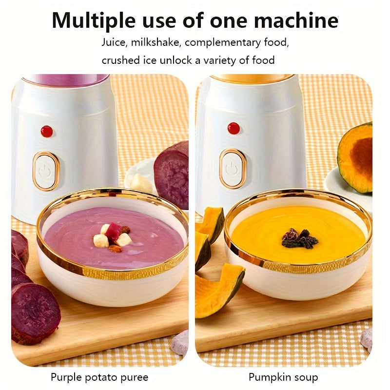 Portable USB charging juice cup with double cup option, blender, and optional juicer. Ideal for students and home use, this multifunctional juicer also doubles as a complementary food cup. Package includes 3 pieces.