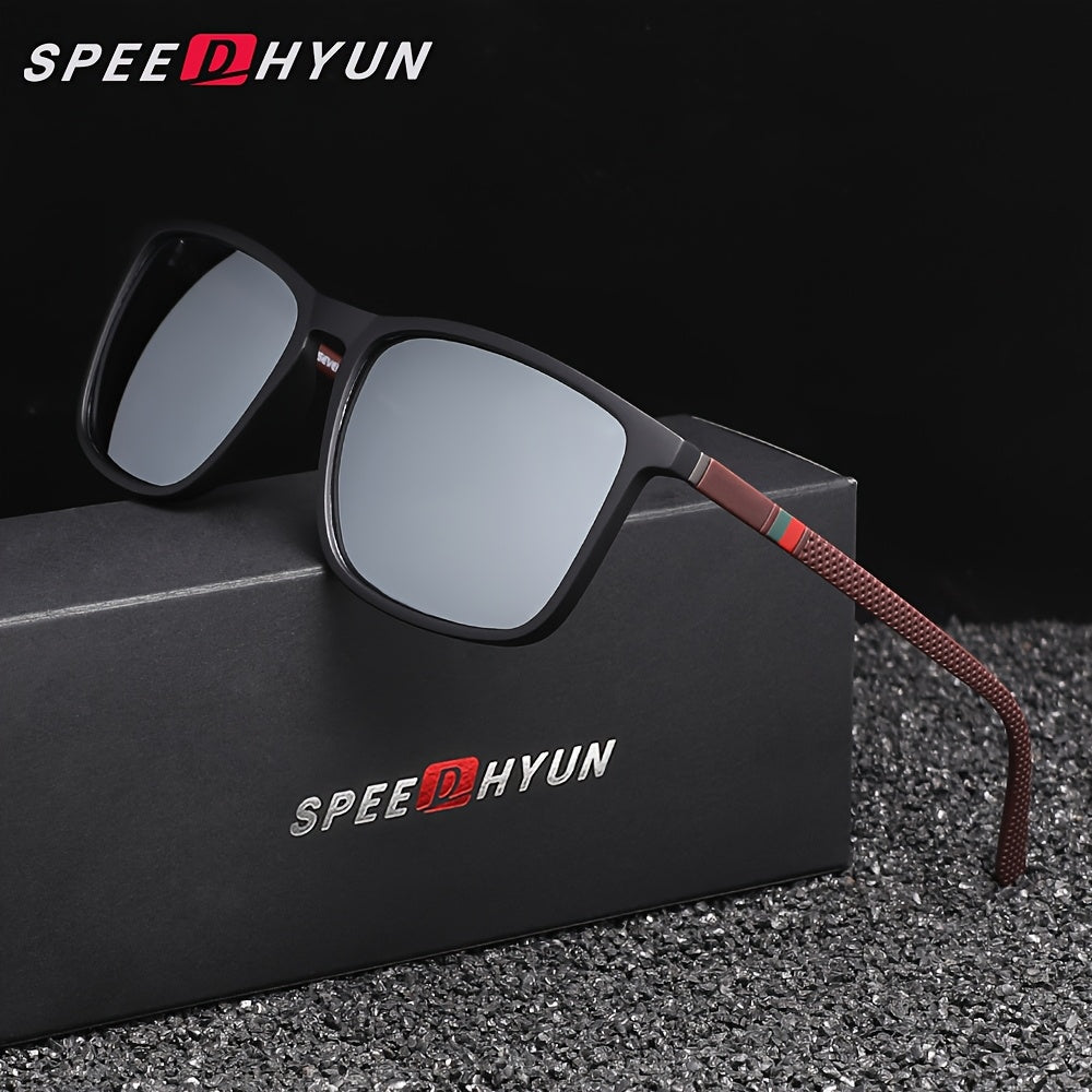 SPEEDHYUN glasses for men, featuring full rim PC frame and lens, lightweight and stylish design, ideal for parties and activities. Includes anti-fog cloth, reflective mirror coating, a