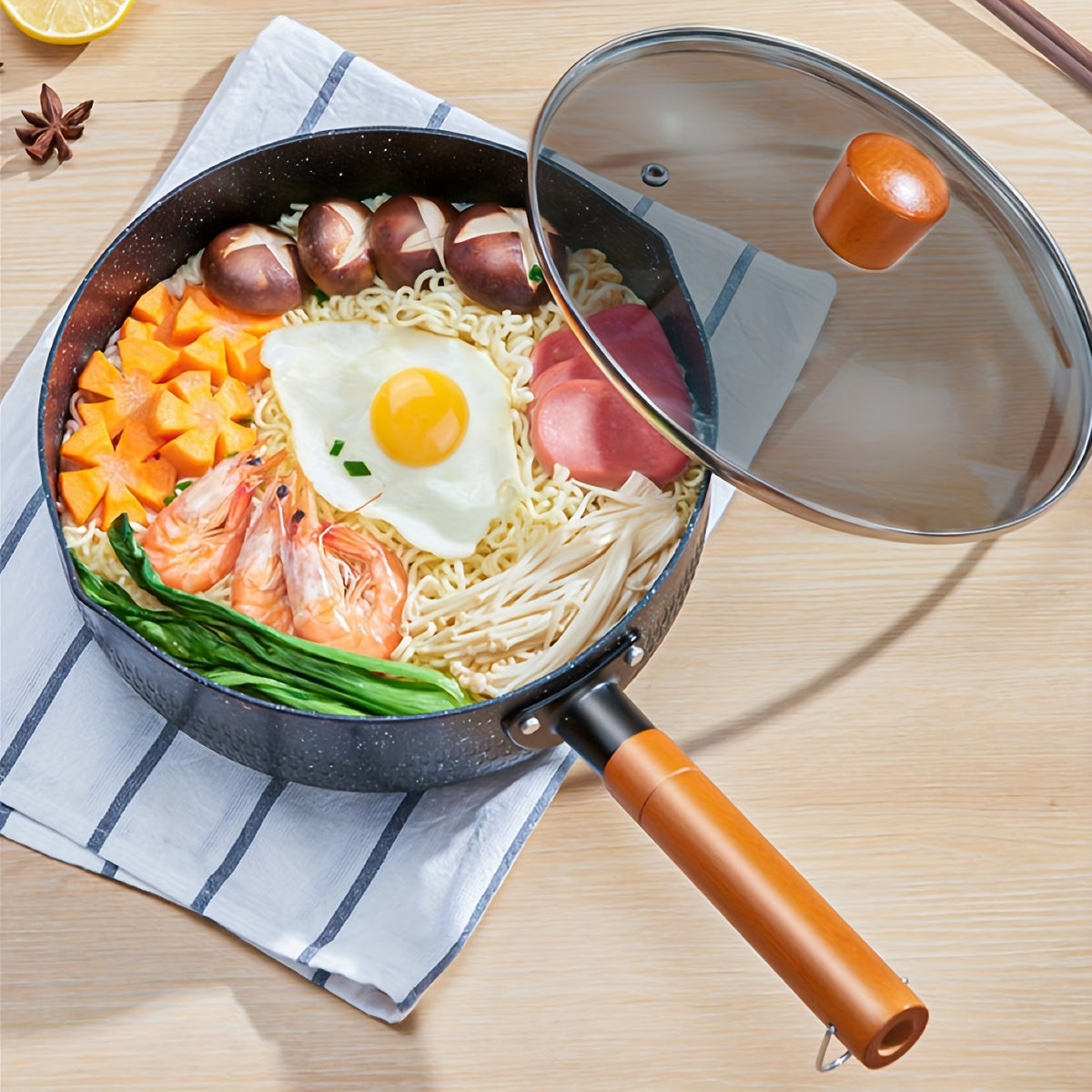 This Non-Stick Aluminum Saucepan is designed for cooking soup, milk, and noodles. It is compatible with induction cookers and is ideal for use in home kitchens.