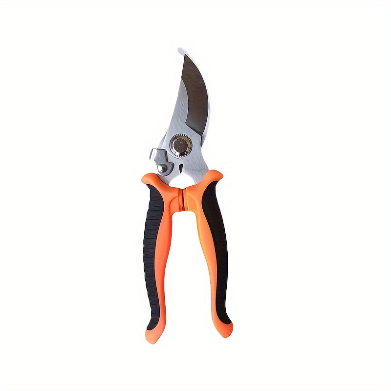 Stainless steel fruit and branch scissors with multi-functional, anti-slip design for labor-saving manual pruning.