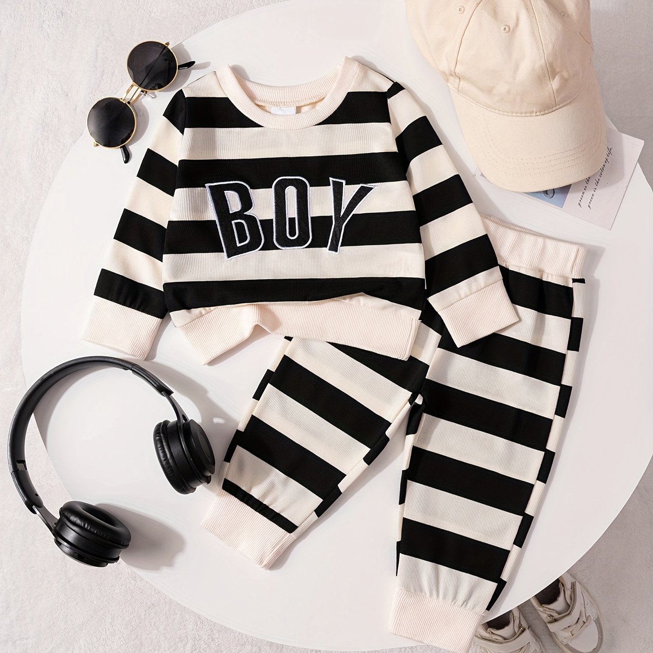 Stylish casual striped outfit for boys, including round-neck long-sleeve top with 'BOY' embroidery and striped long pants, perfect for children's wear in spring, autumn, and winter