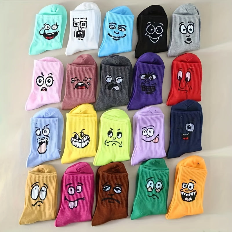 10 pairs of colorful mid-tube socks with cute cartoon expressions, perfect for women's hosiery.