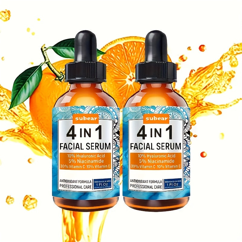 2-Pack of Subear 4-in-1 Facial Serum, 30ml/1oz, Hypoallergenic Drops with Hyaluronic Acid, Vitamin C, Vitamin E, and Nicotinamide for All Skin Types, Moisturizing Face Care for Adults.