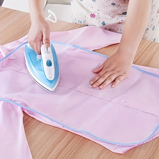 Four pieces of extra-large ironing board covers made from high-temperature resistant PET fabric. Includes protective mesh for delicate clothes, available in random colors. Ideal for use with electric irons featuring a pink soleplate.