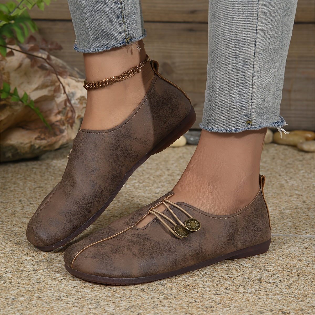 Women's casual single shoes with round toe and soft sole, featuring buckle decoration and solid color design.