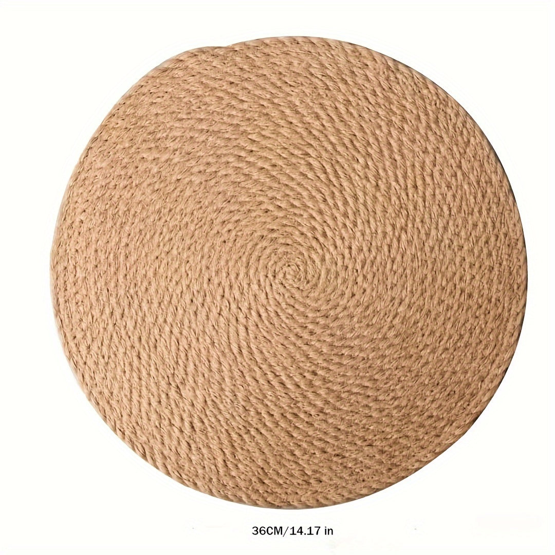 Hand-woven Japanese-style jute placemat for dining table, featuring insulation and serving as a bowl, pot holder, and cup coaster.