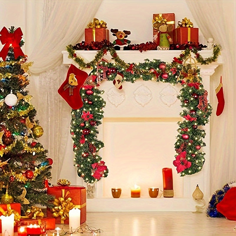 106-Inch PVC Greenery Garland with Red Berries, Pinecones, and Lights for Christmas Fireplace Decor - Festive Plastic Mantel Decoration for Hotel, Mall, Doorway, and Staircase - Battery Powered (AA, Non-Rechargeable)