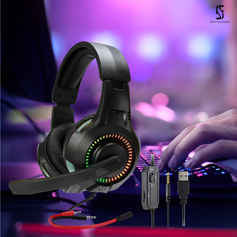 Anime gaming headset with microphone, 7.1 surround sound, push-to-talk control, noise isolating ear cup design, plastic material, 3.5mm jack, wired for desktop, laptop, and console gaming.