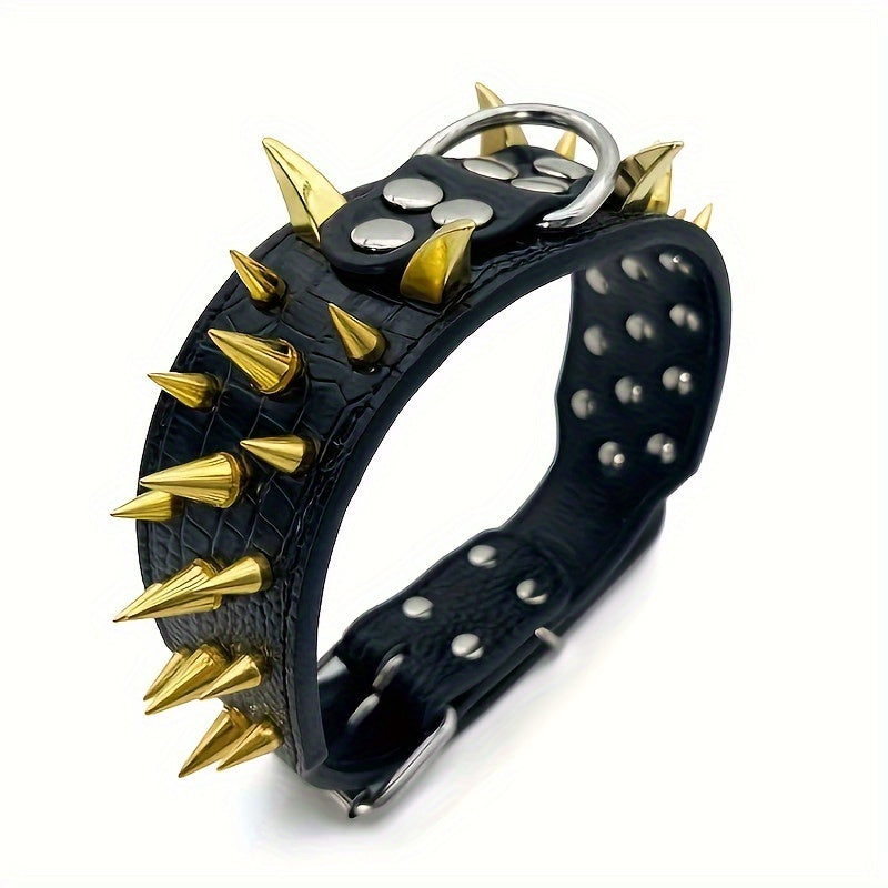 Fashionable leather dog collar with golden sharp spikes, suitable for medium and large dogs.