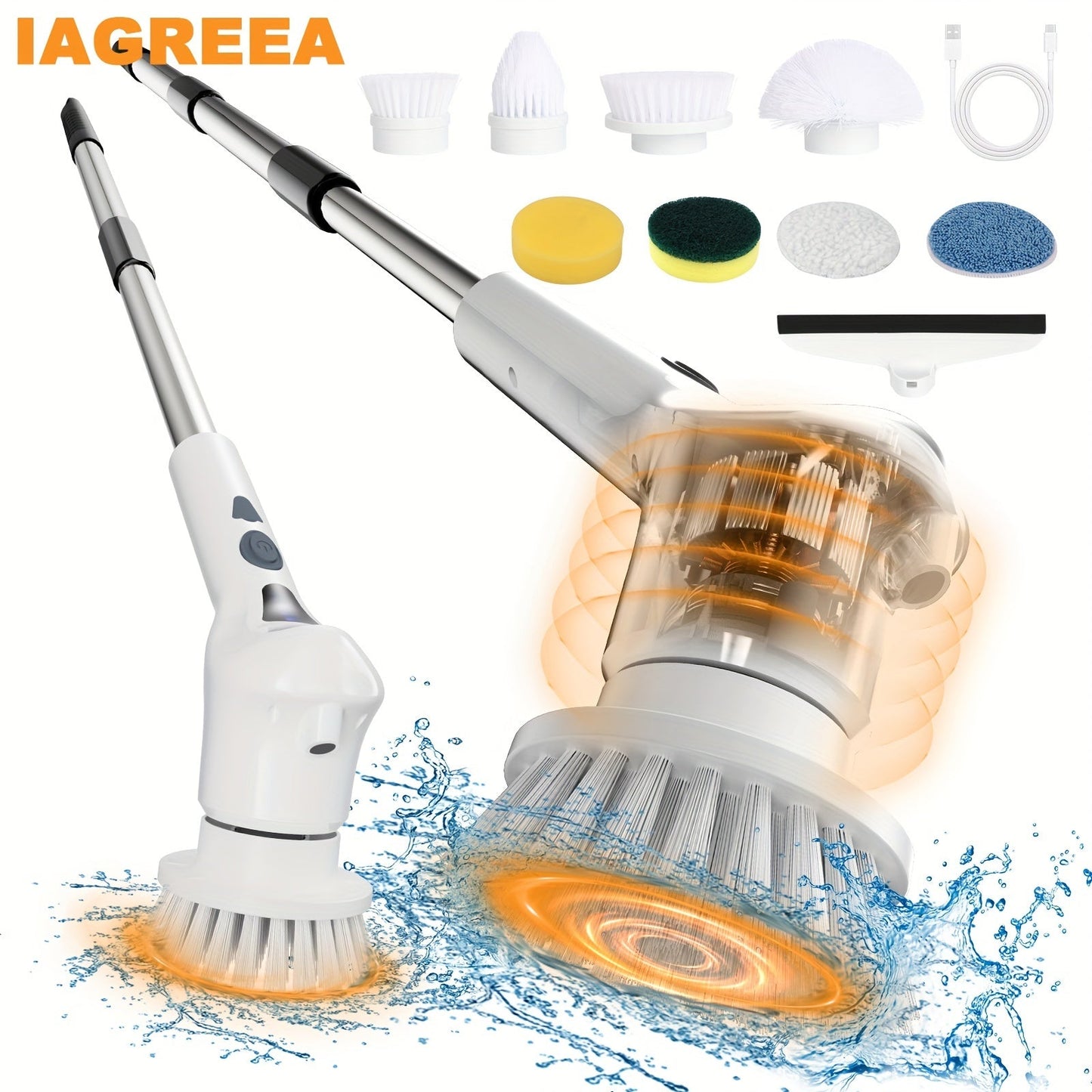 Introducing the IAGREEA Electric Rotating Cleaning Brush! This cordless cleaning brush comes with an adjustable extension arm and 9 replaceable cleaning heads. With 2-speed settings, this electric shower brush is perfect for cleaning bathtubs, tiles