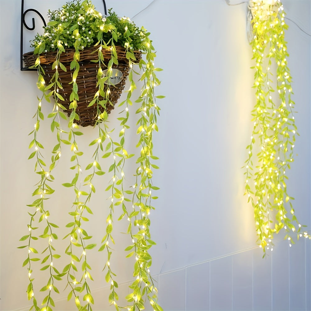 Green willow leaf LED string lights, battery operated, 2M/5M, plastic, suitable for room decor, weddings, and holidays, batteries not included.