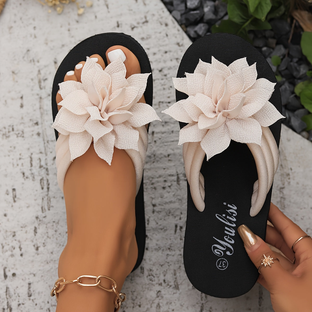 Women's floral embellished flip-flops with fabric upper, EVA sole, and mid heel, perfect for all-season wear. Originating from Taizhou, designed for North America and European special