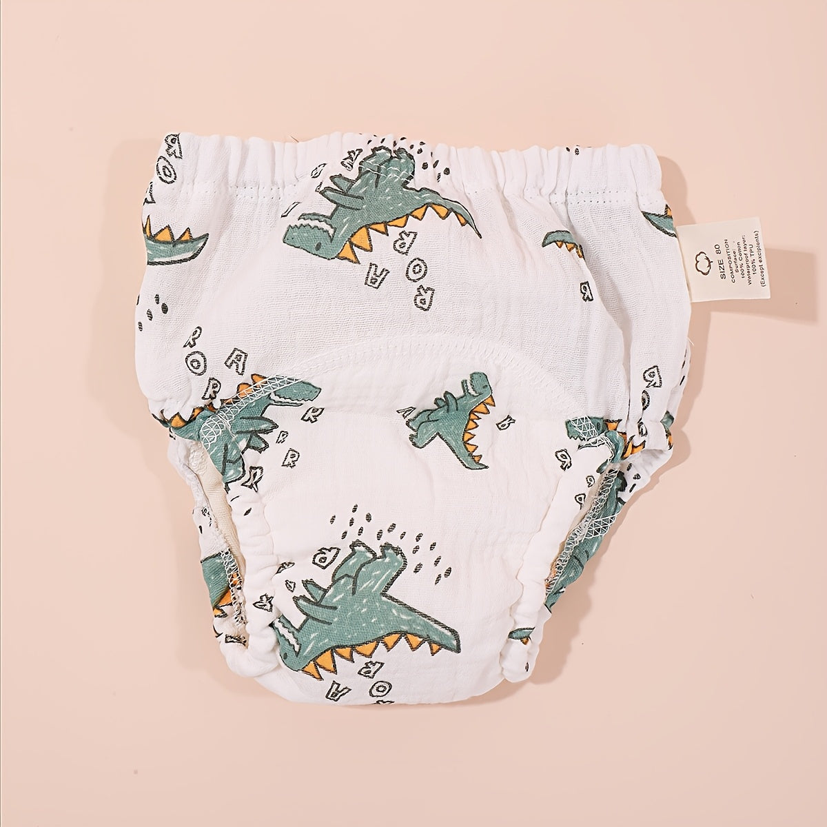 Soft gauze diaper pants with a dinosaur theme for young children - Waterproof, breathable underwear for training and learning in white color.