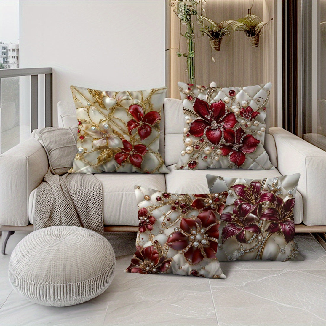 Single-side printed throw pillow cover with 3D floral pearl design, made of peach skin material, 45*45cm in size.