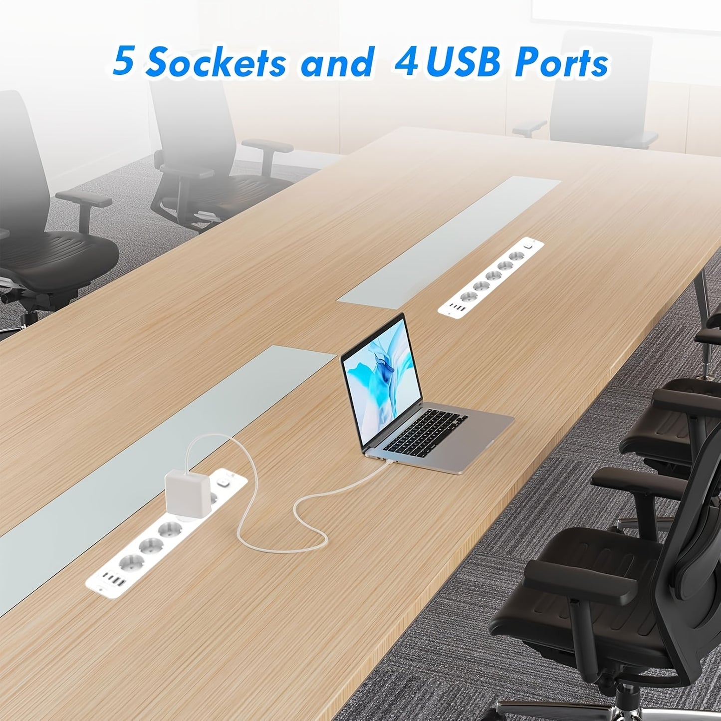 A versatile home USB power socket with 9 features including 4 USB ports, 5 DC sockets, one high-power socket, and a 6.56-foot extension cord, suitable for various settings.