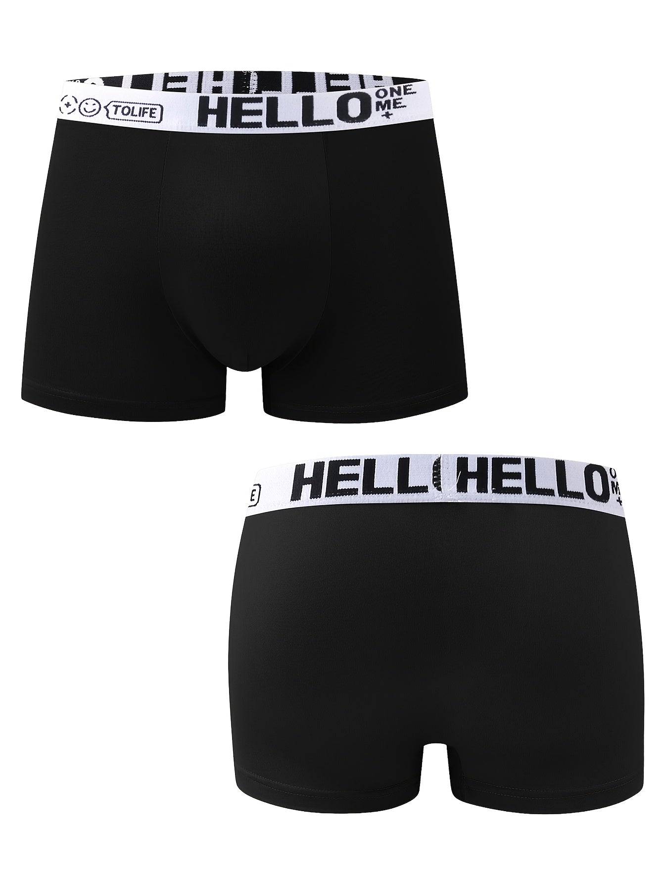 10 men's 'HELLO' boxer briefs - breathable, quick-drying sports trunks made with comfortable polyester-spandex blend in various colors.