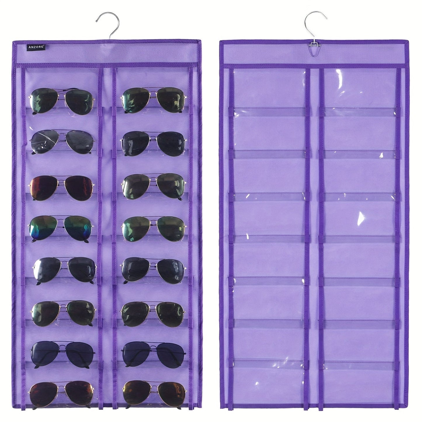 Dual Sided Hanging Sunglasses Organizer with 32 Dust Proof Pockets - Sunglass Rack for Home.