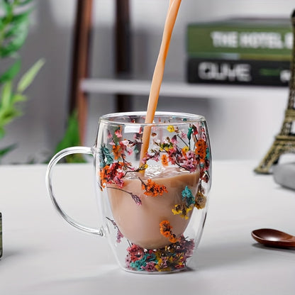 1pc double-layer glass cup with real flowers and flowing sand, perfect for hot drinks, milk, or summer beverages, ideal as a birthday gift.